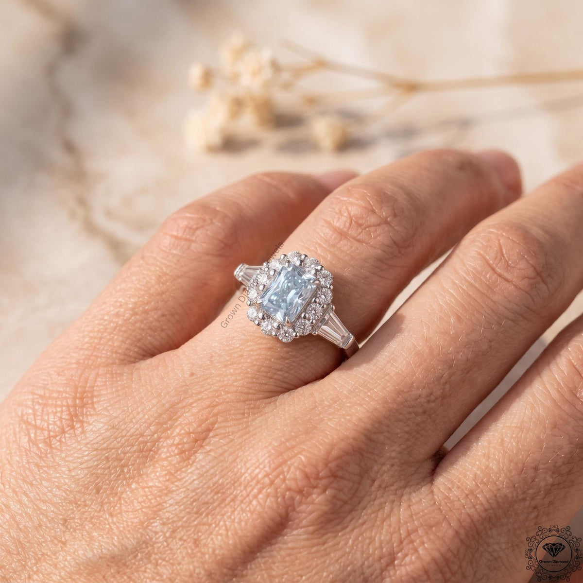 2Ct Intense Blue Radiant Lab Grown Diamond Engagement Ring
