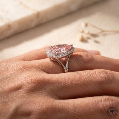 3 Ct Pink Pear Cut Lab Grown Diamond Split Shank Halo Ring