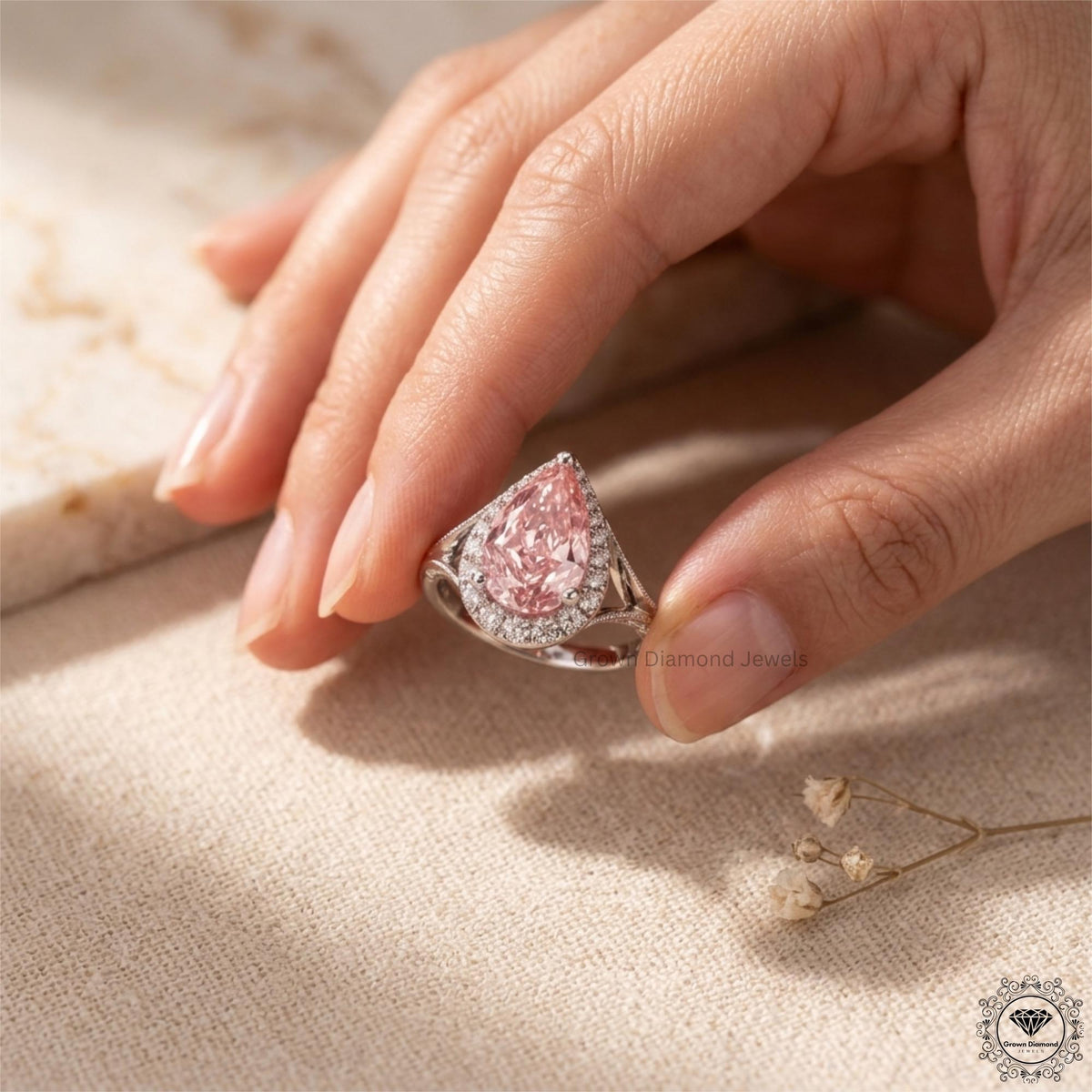 3 Ct Pink Pear Cut Lab Grown Diamond Split Shank Halo Ring
