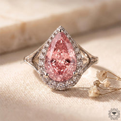 3 Ct Pink Pear Cut Lab Grown Diamond Split Shank Halo Ring