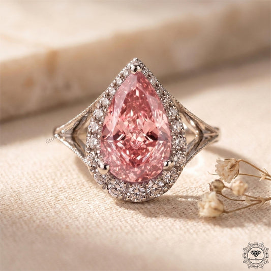 3 Ct Pink Pear Cut Lab Grown Diamond Split Shank Halo Ring