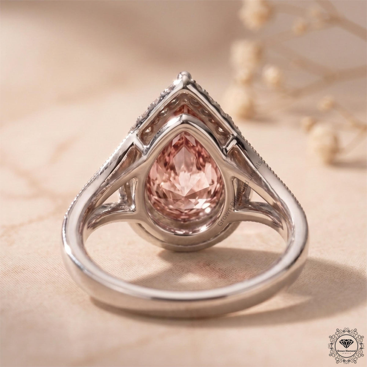 3 Ct Pink Pear Cut Lab Grown Diamond Split Shank Halo Ring