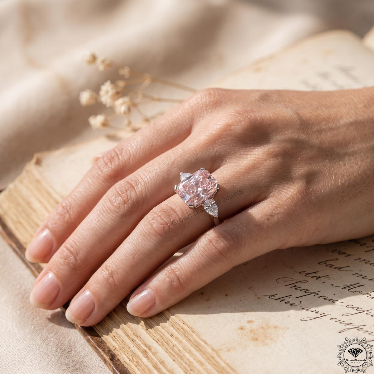 5 Carat Pink Lab Diamond 3 Stone Anniversary Ring Platinum