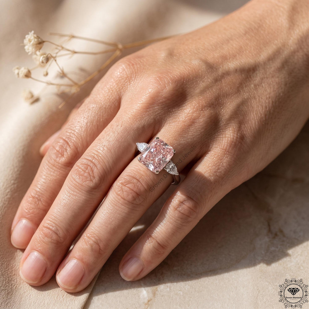 5 Carat Pink Lab Diamond 3 Stone Anniversary Ring Platinum