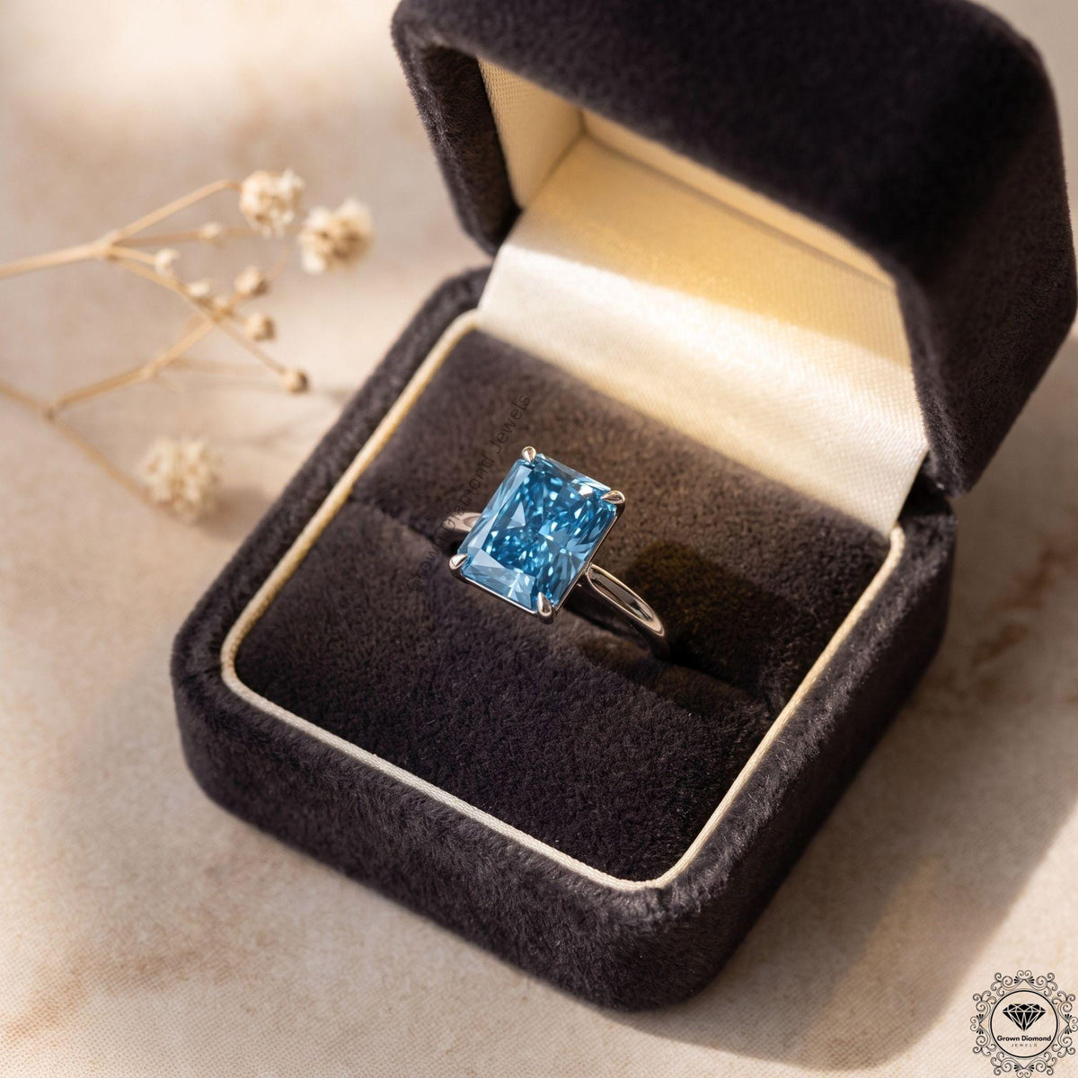 3CT Blue Lab Grown Diamond Solitaire Engagement Ring in 14k