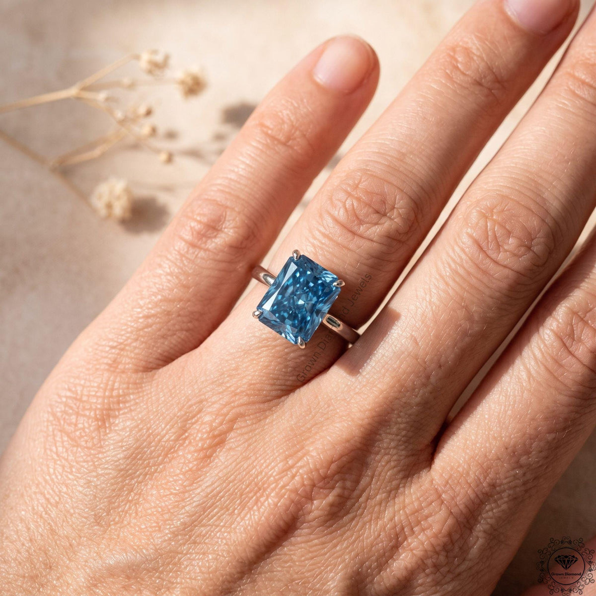 3CT Blue Lab Grown Diamond Solitaire Engagement Ring in 14k