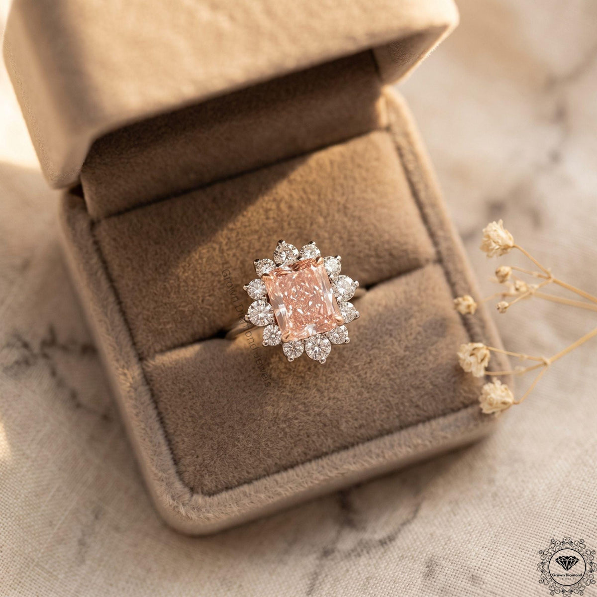 3CT Pink Lab Diamond Elongated Cushion Engagement Ring 18k
