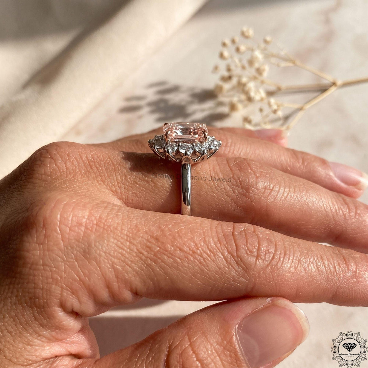 3CT Pink Lab Diamond Elongated Cushion Engagement Ring 18k