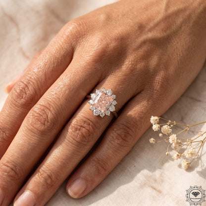 3CT Pink Lab Diamond Elongated Cushion Engagement Ring 18k
