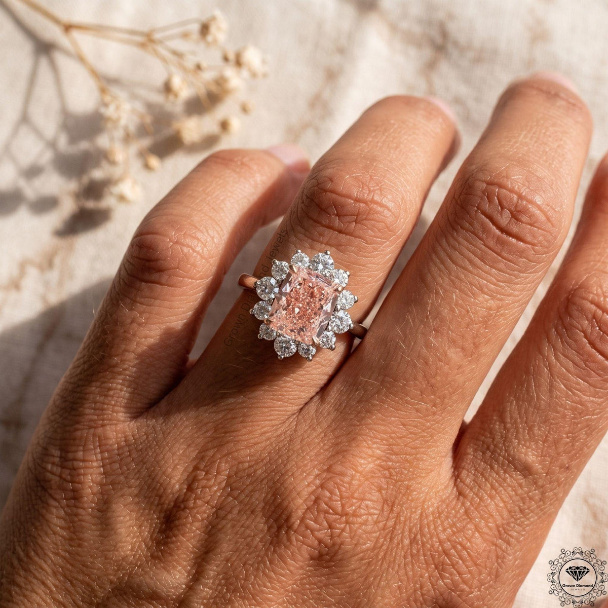 3CT Pink Lab Diamond Elongated Cushion Engagement Ring 18k