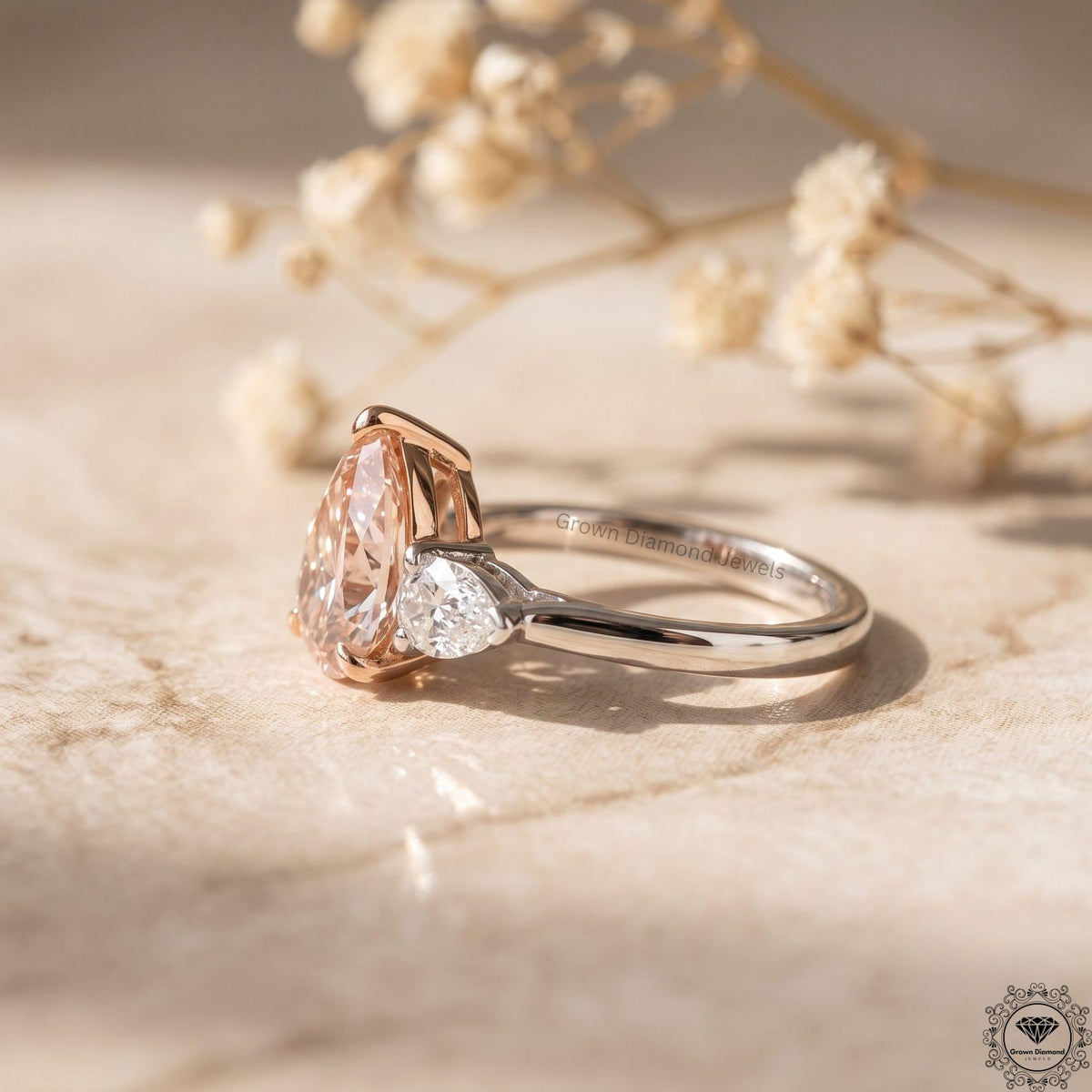 Pear Cut Fancy Intense Pink Lab Grown Diamond 3 Stone Ring