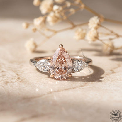 Pear Cut Fancy Intense Pink Lab Grown Diamond 3 Stone Ring