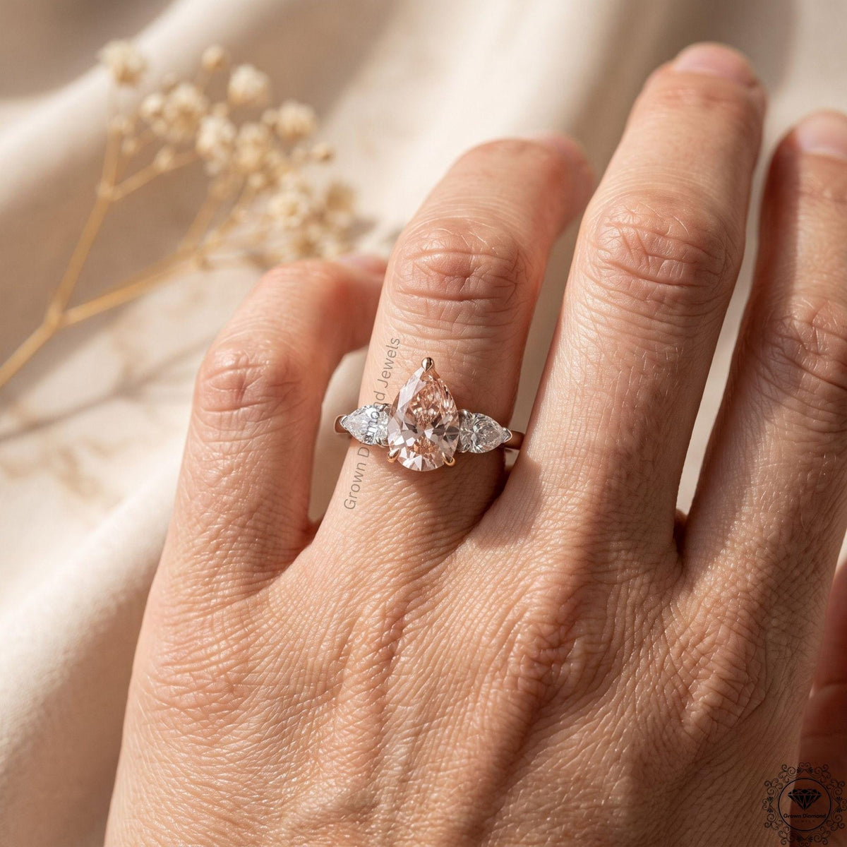 Pear Cut Fancy Intense Pink Lab Grown Diamond 3 Stone Ring