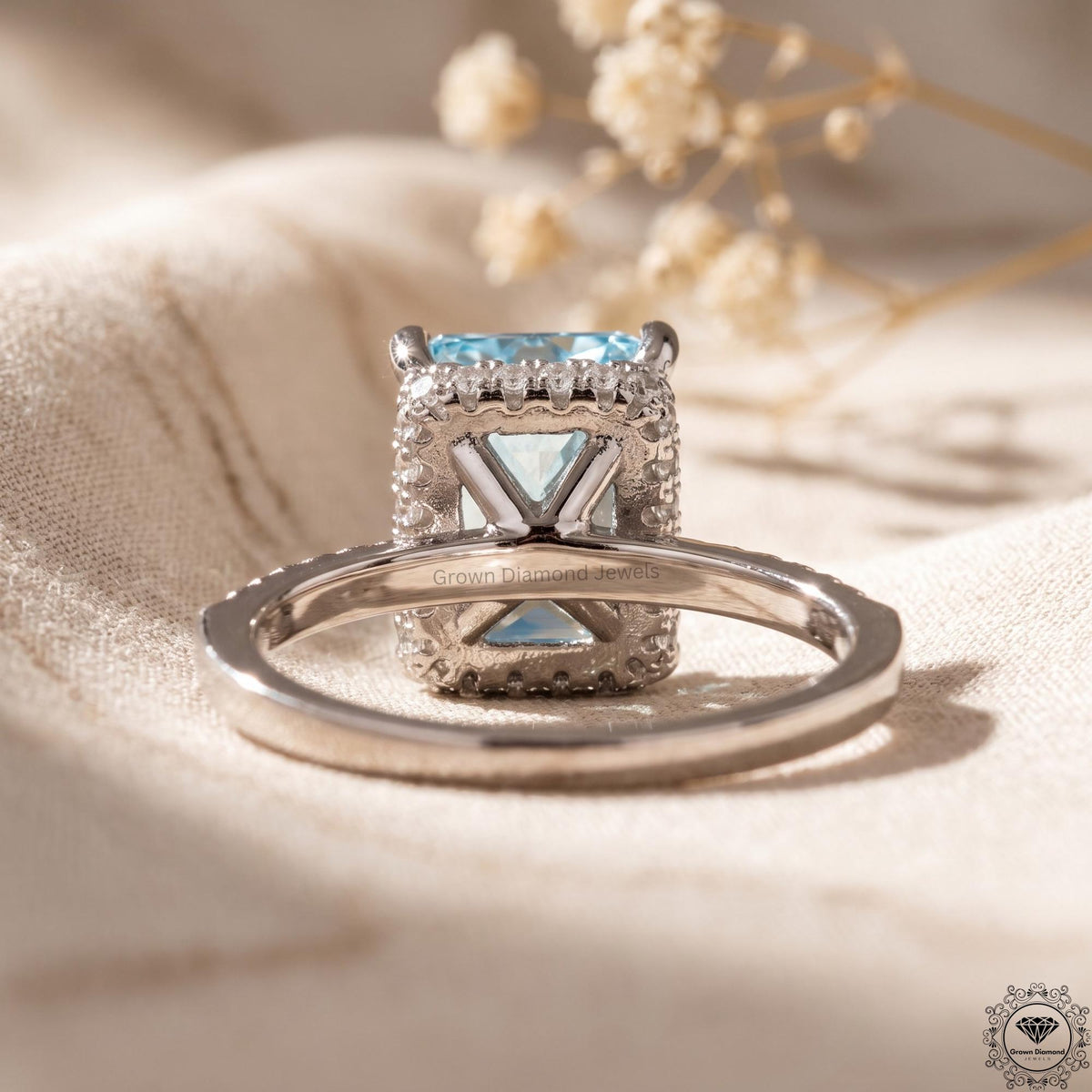 5 Ct Blue Lab Grown Diamond Engagement Hidden Halo Ring