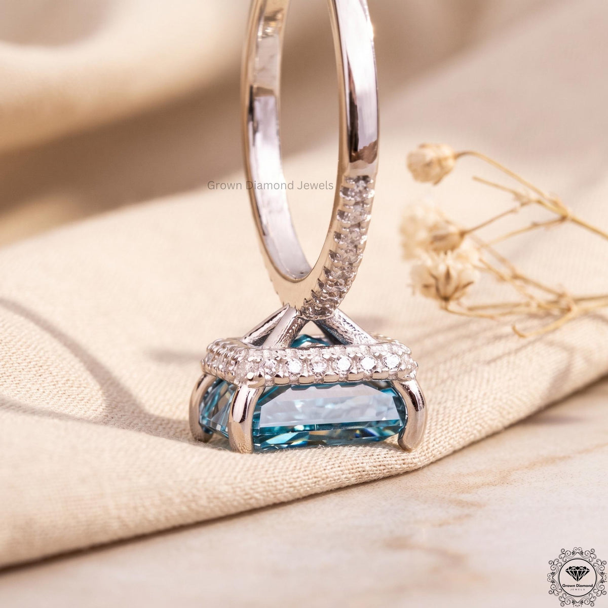 5 Ct Blue Lab Grown Diamond Engagement Hidden Halo Ring