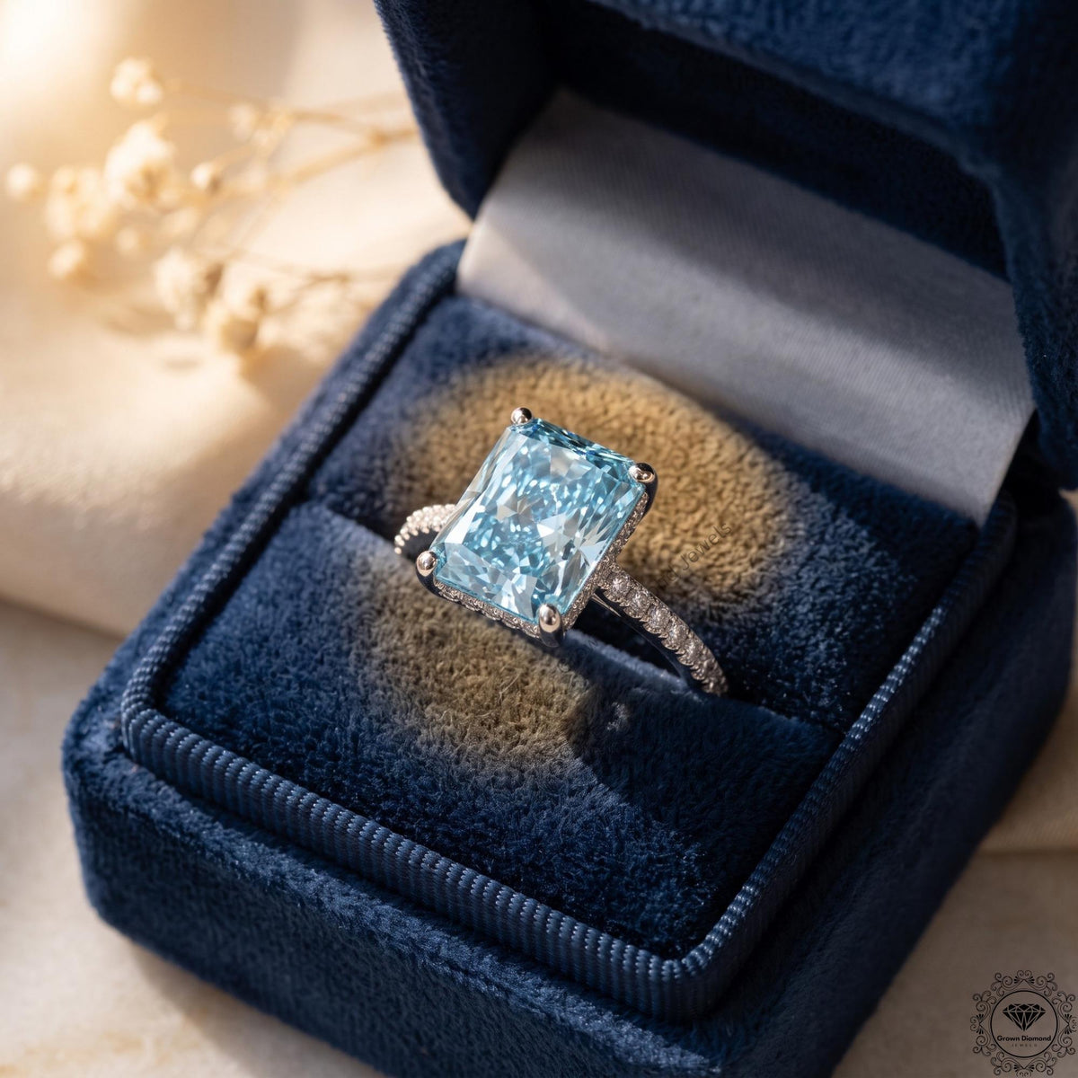 5 Ct Blue Lab Grown Diamond Engagement Hidden Halo Ring