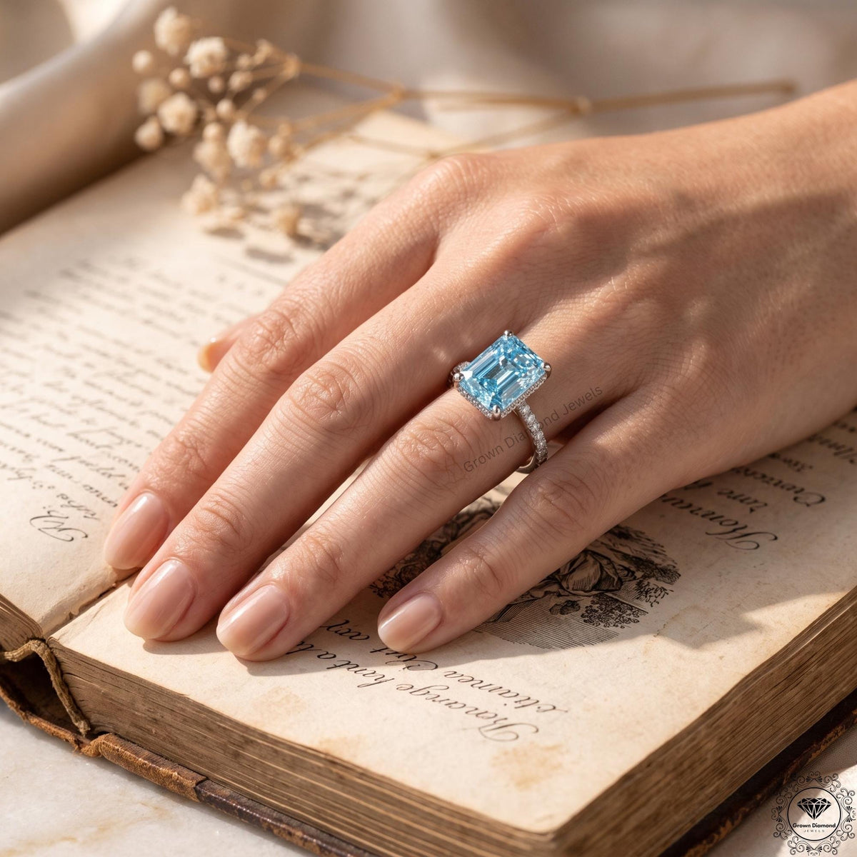 5 Ct Blue Lab Grown Diamond Engagement Hidden Halo Ring