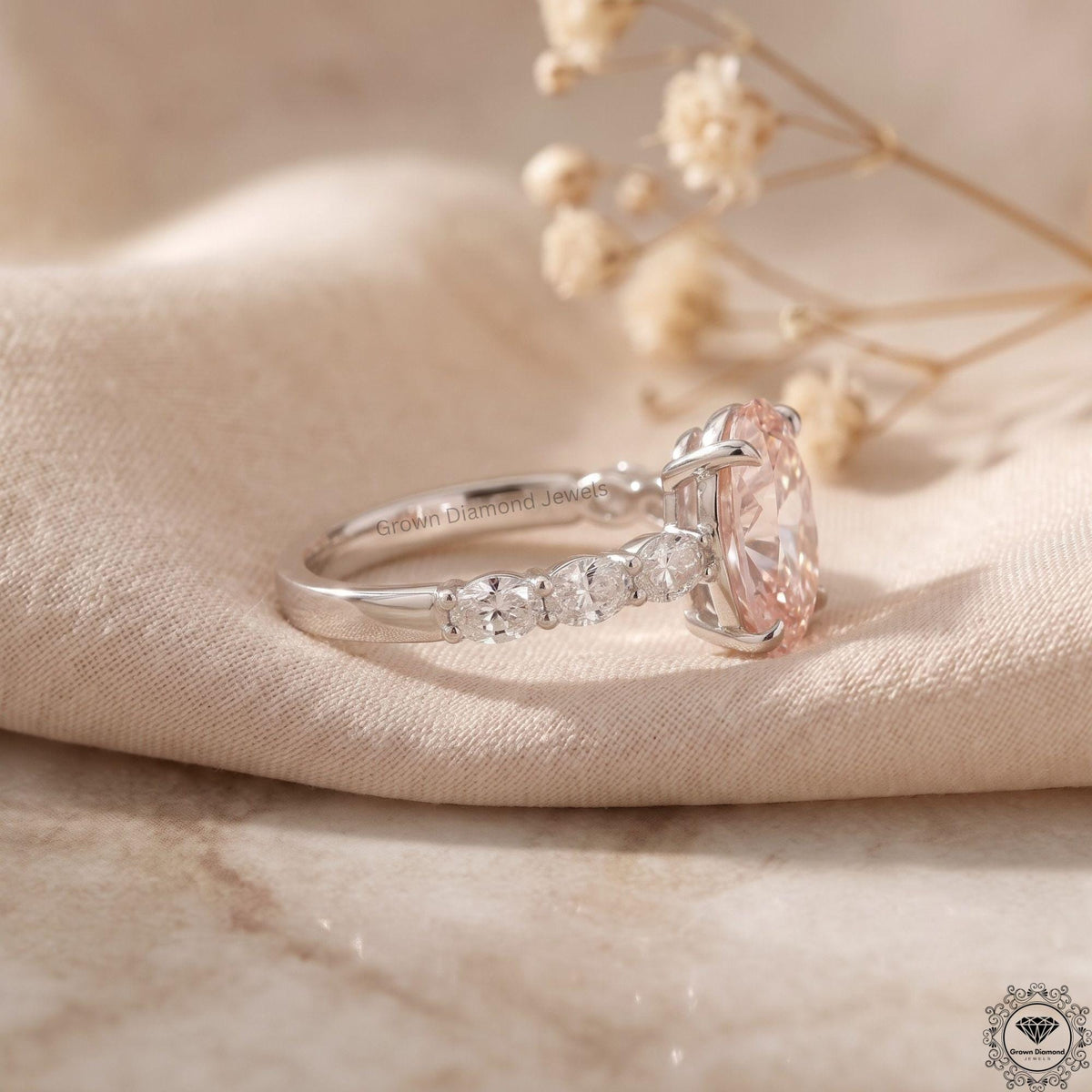 3CT Pink Oval Lab Grown Diamond Engagement Ring,14k Gold