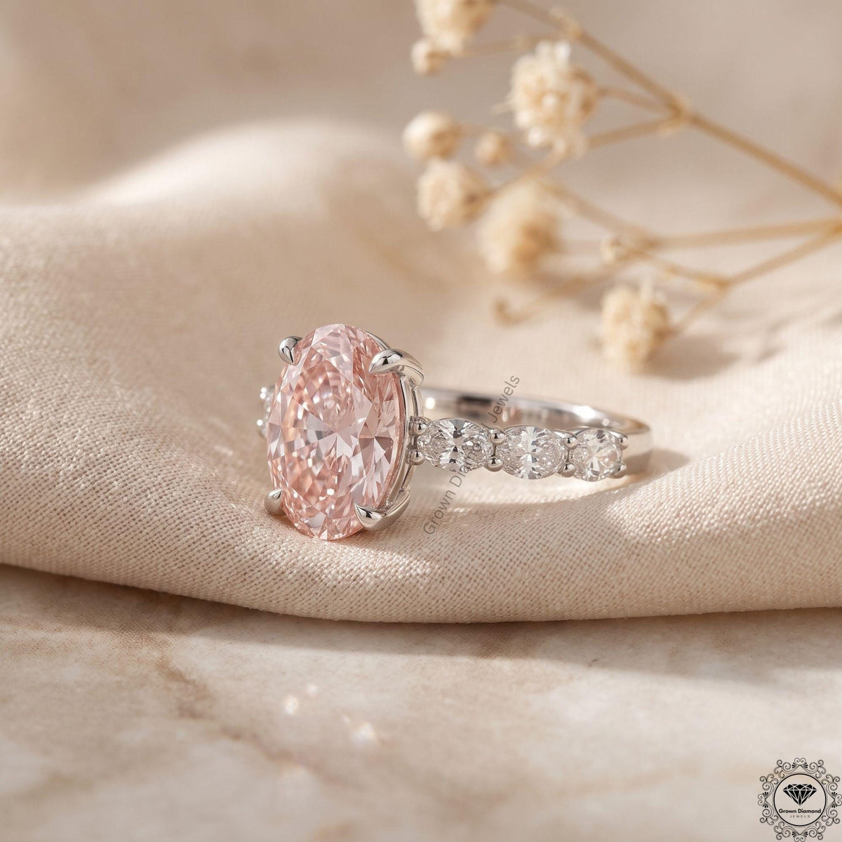 3CT Pink Oval Lab Grown Diamond Engagement Ring,14k Gold