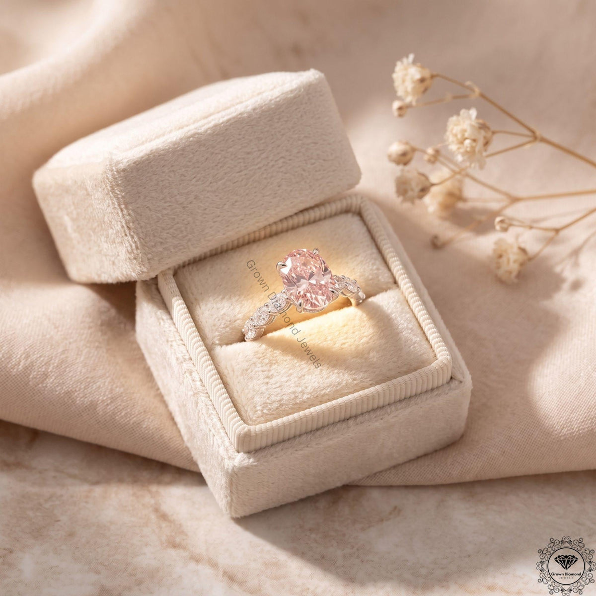 3CT Pink Oval Lab Grown Diamond Engagement Ring,14k Gold