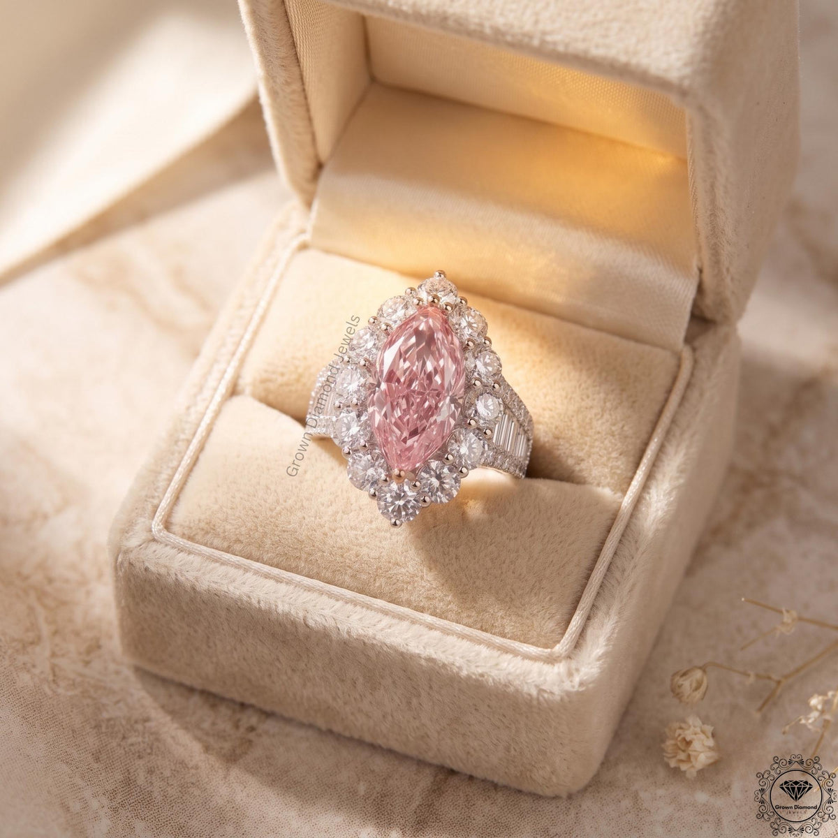 Intense Pink 4Tcw Marquise Lab Grown Diamond Halo Ring