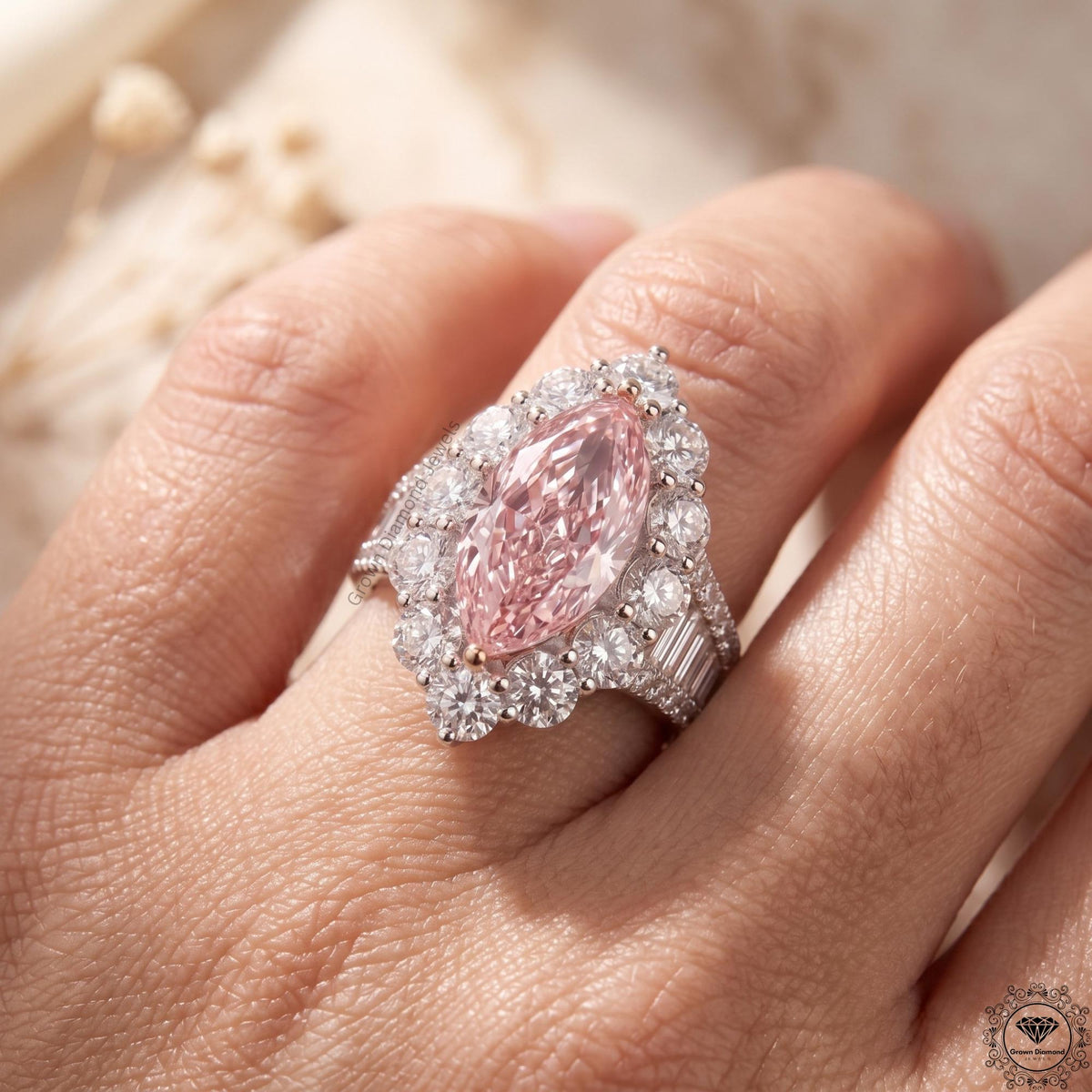 Intense Pink 4Tcw Marquise Lab Grown Diamond Halo Ring
