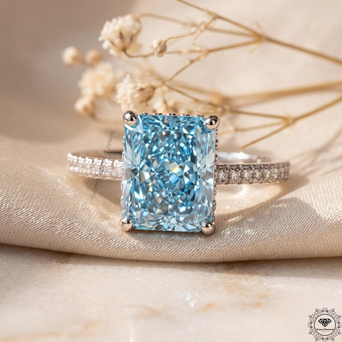 5 Ct Blue Lab Grown Diamond Engagement Hidden Halo Ring