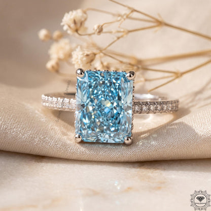5 Ct Blue Lab Grown Diamond Engagement Hidden Halo Ring