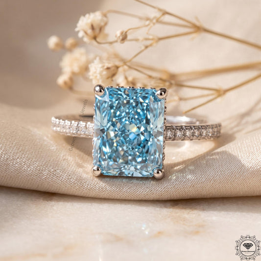 5 Ct Blue Lab Grown Diamond Engagement Hidden Halo Ring