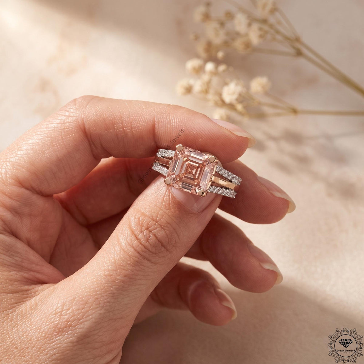 3CT Pink Lab Grown Diamond Asscher Cut Engagement Ring