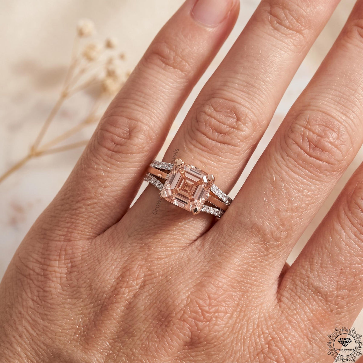 3CT Pink Lab Grown Diamond Asscher Cut Engagement Ring