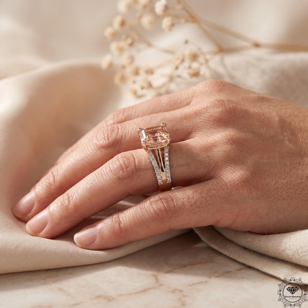 3CT Pink Lab Grown Diamond Asscher Cut Engagement Ring