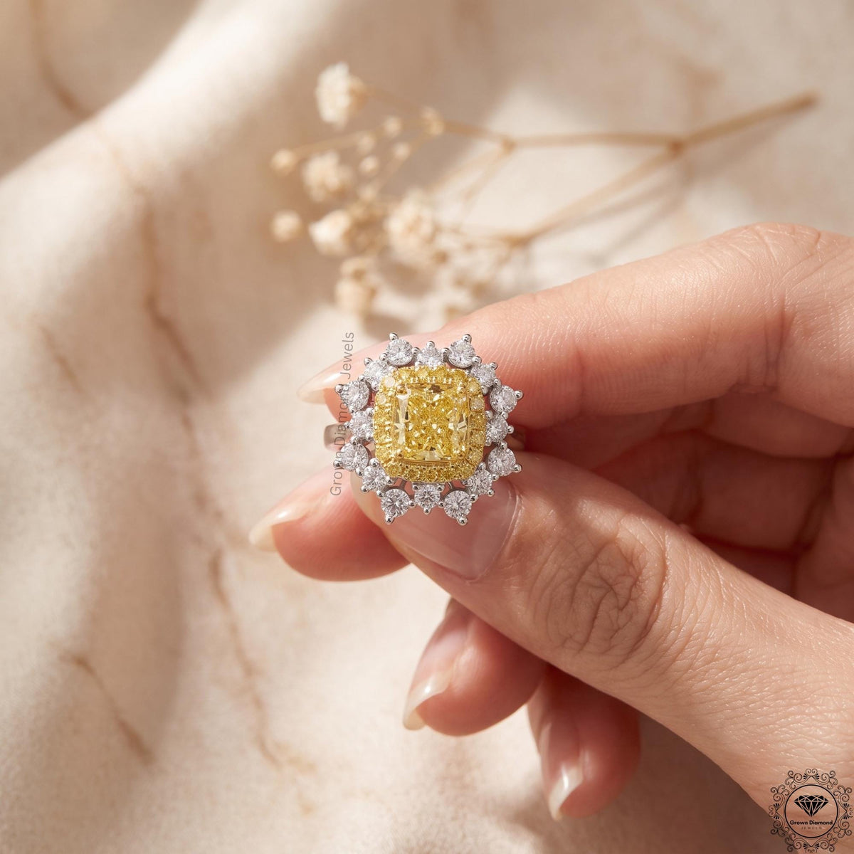 2.29ct Cushion Intense Yellow Lab Grown Diamond halo Ring