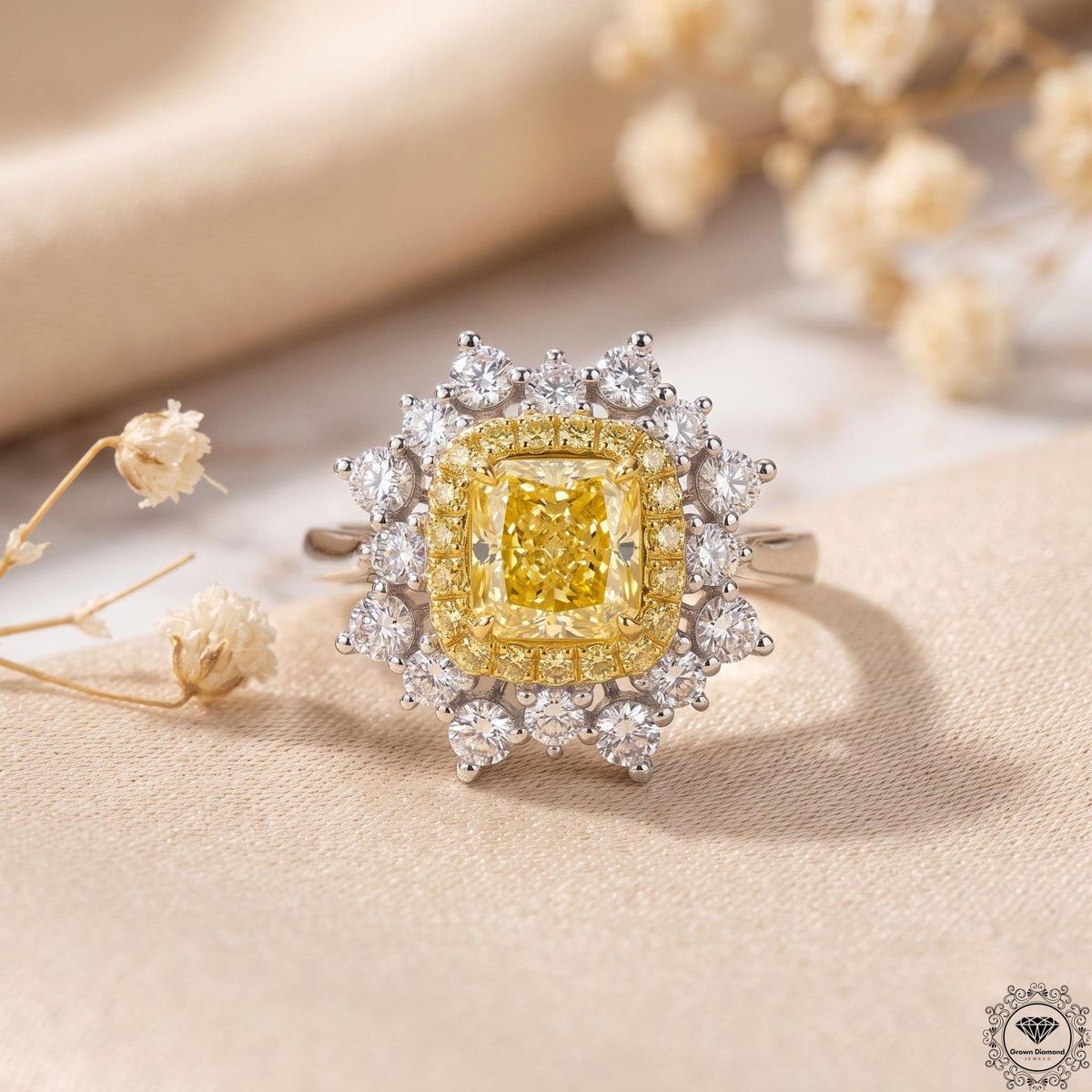2.29ct Cushion Intense Yellow Lab Grown Diamond halo Ring
