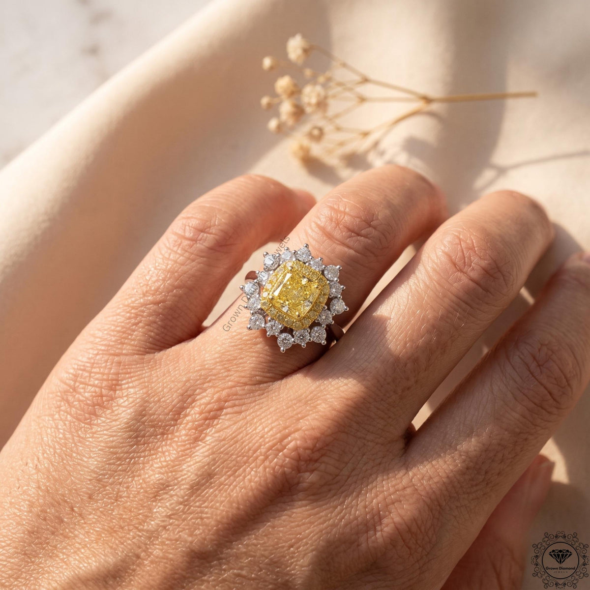 2.29ct Cushion Intense Yellow Lab Grown Diamond halo Ring