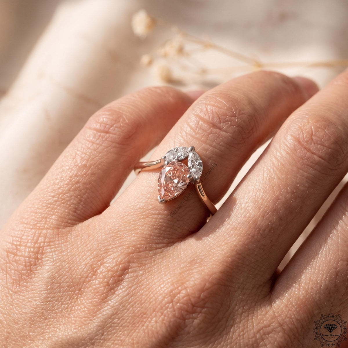 0.72 CT Pink Pear Lab Grown Diamond & Marquise Wedding Ring