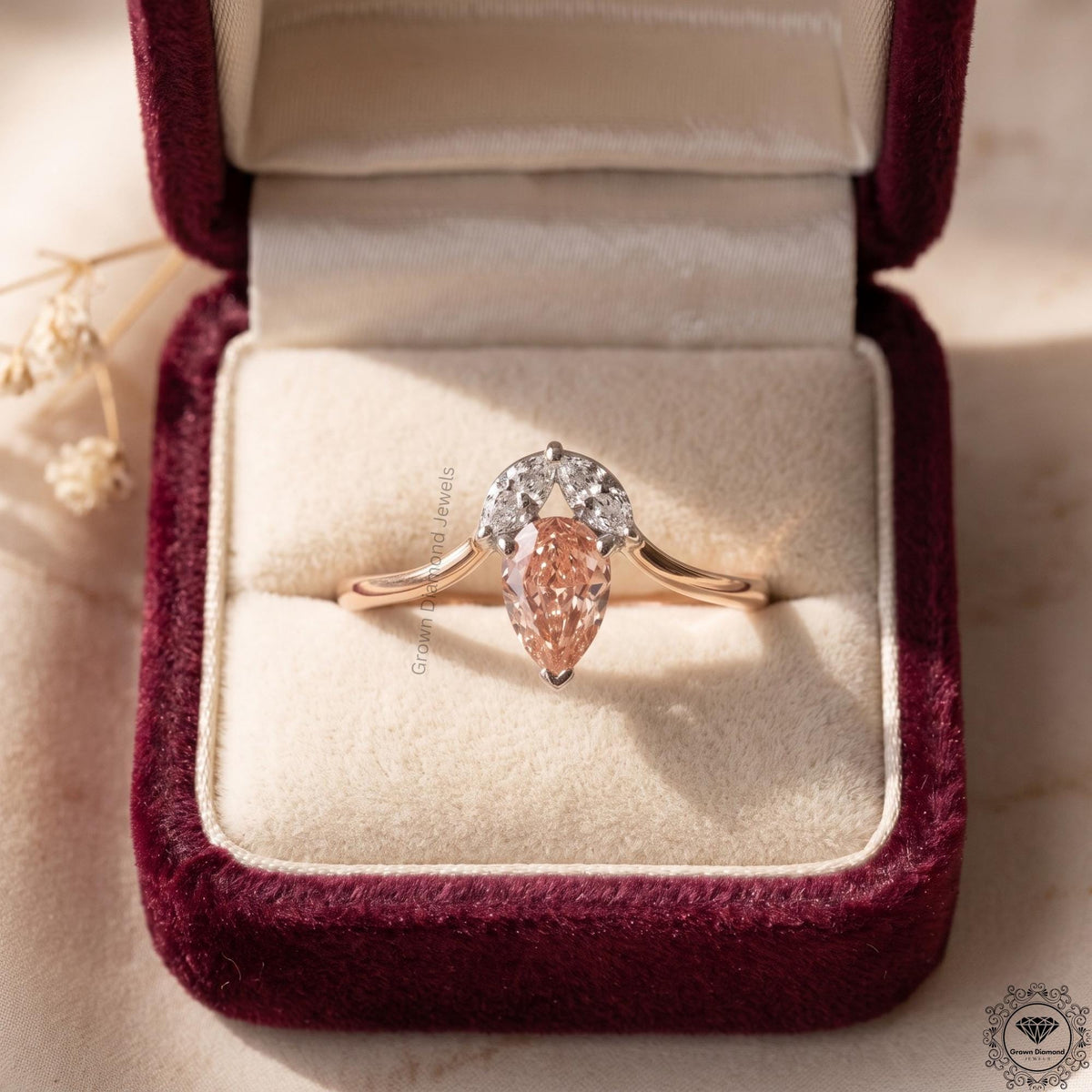 0.72 CT Pink Pear Lab Grown Diamond & Marquise Wedding Ring