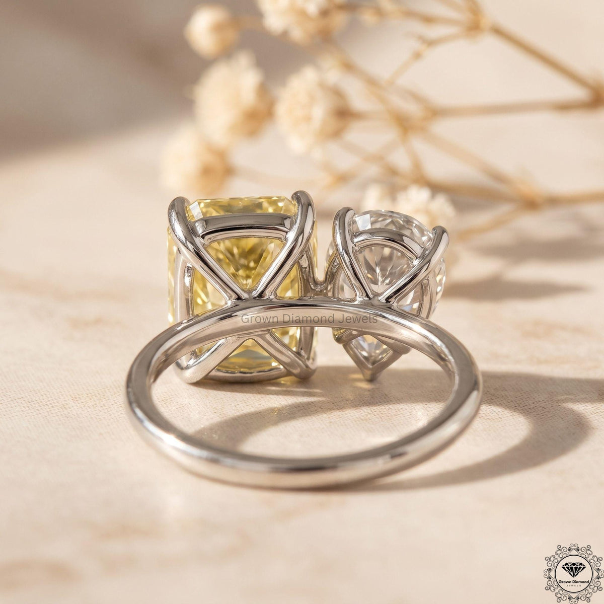 3.5CT Yellow Pear Radiant Lab Diamond Toi et Moi Ring 18k Gold