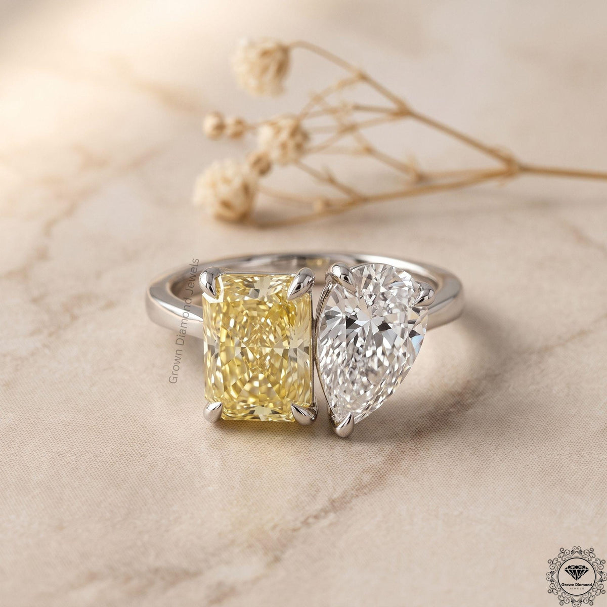 3.5CT Yellow Pear Radiant Lab Diamond Toi et Moi Ring 18k Gold