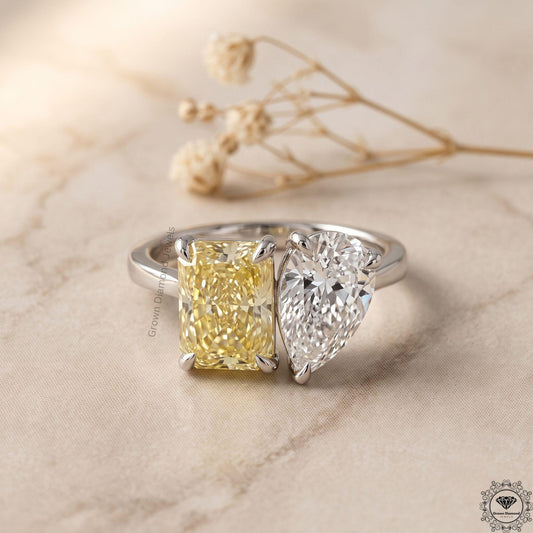 3.5CT Yellow Pear Radiant Lab Diamond Toi et Moi Ring 18k Gold