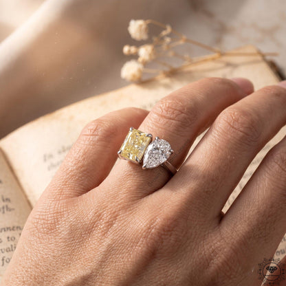 3.5CT Yellow Pear Radiant Lab Diamond Toi et Moi Ring 18k Gold