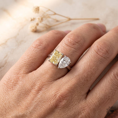 3.5CT Yellow Pear Radiant Lab Diamond Toi et Moi Ring 18k Gold