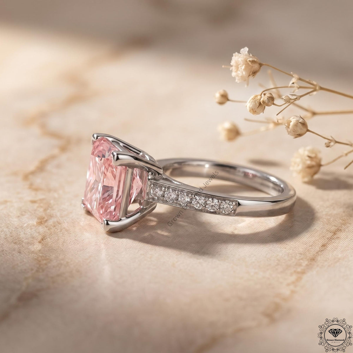 3 CT Pink Princess Lab Grown Diamond Halo Wedding Ring