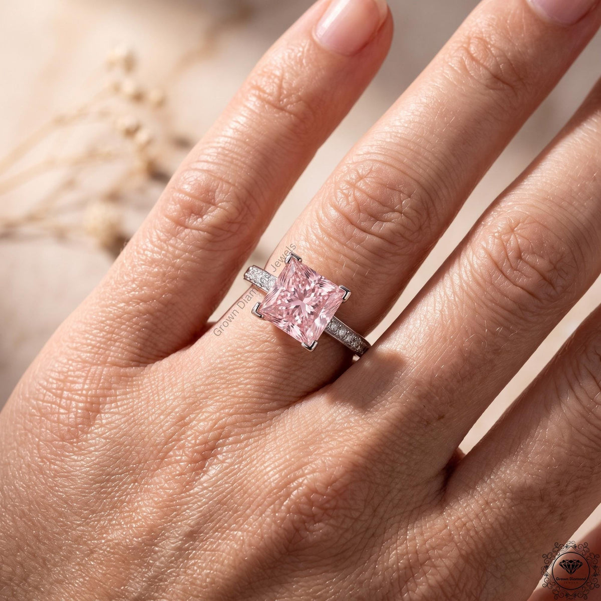 3 CT Pink Princess Lab Grown Diamond Halo Wedding Ring