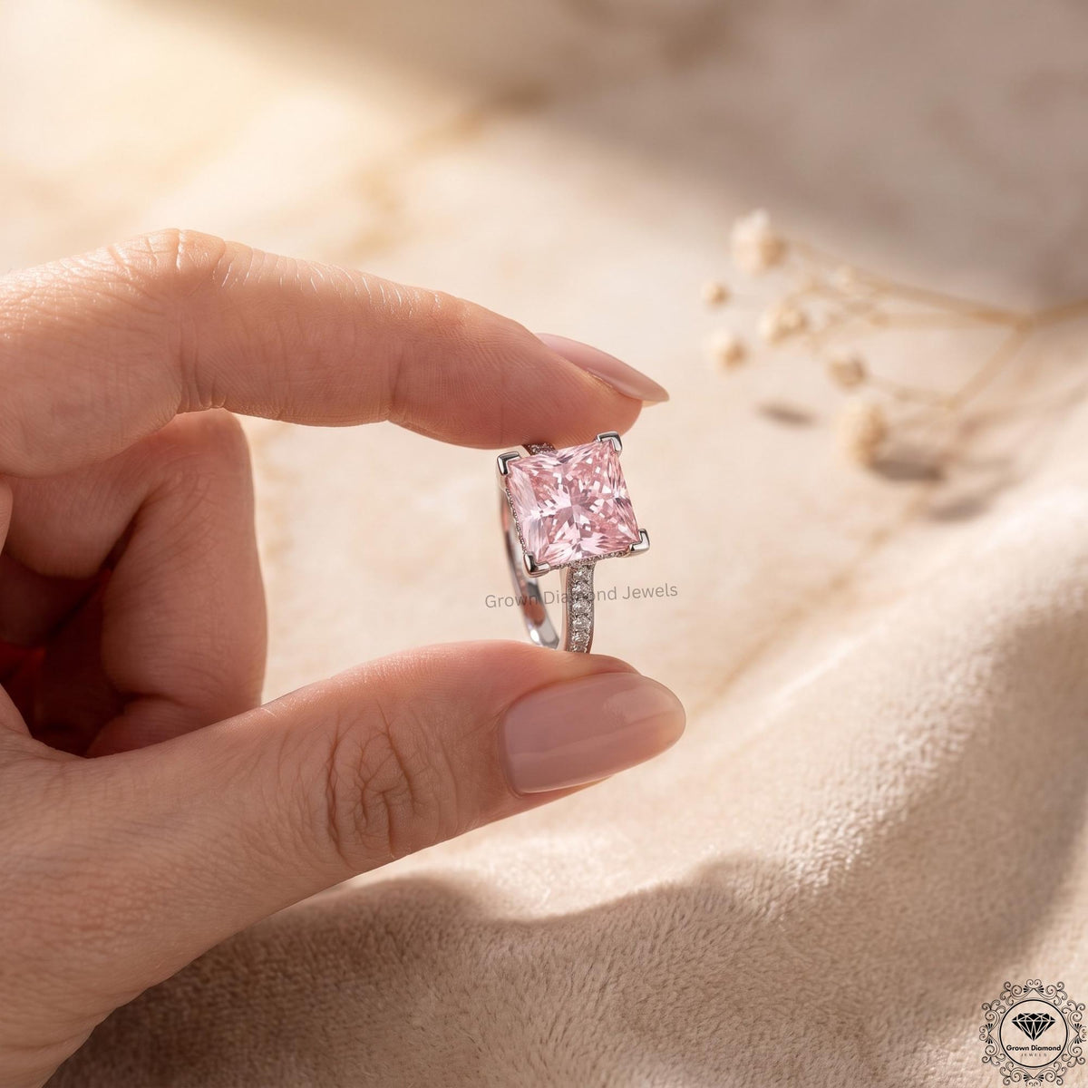 3 CT Pink Princess Lab Grown Diamond Halo Wedding Ring