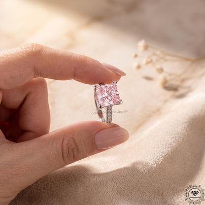 3 CT Pink Princess Lab Grown Diamond Halo Wedding Ring