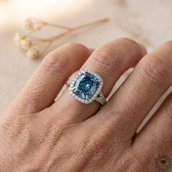 Cushion Cut Fancy Vivid Blue Split Shank Pave Set Halo Ring