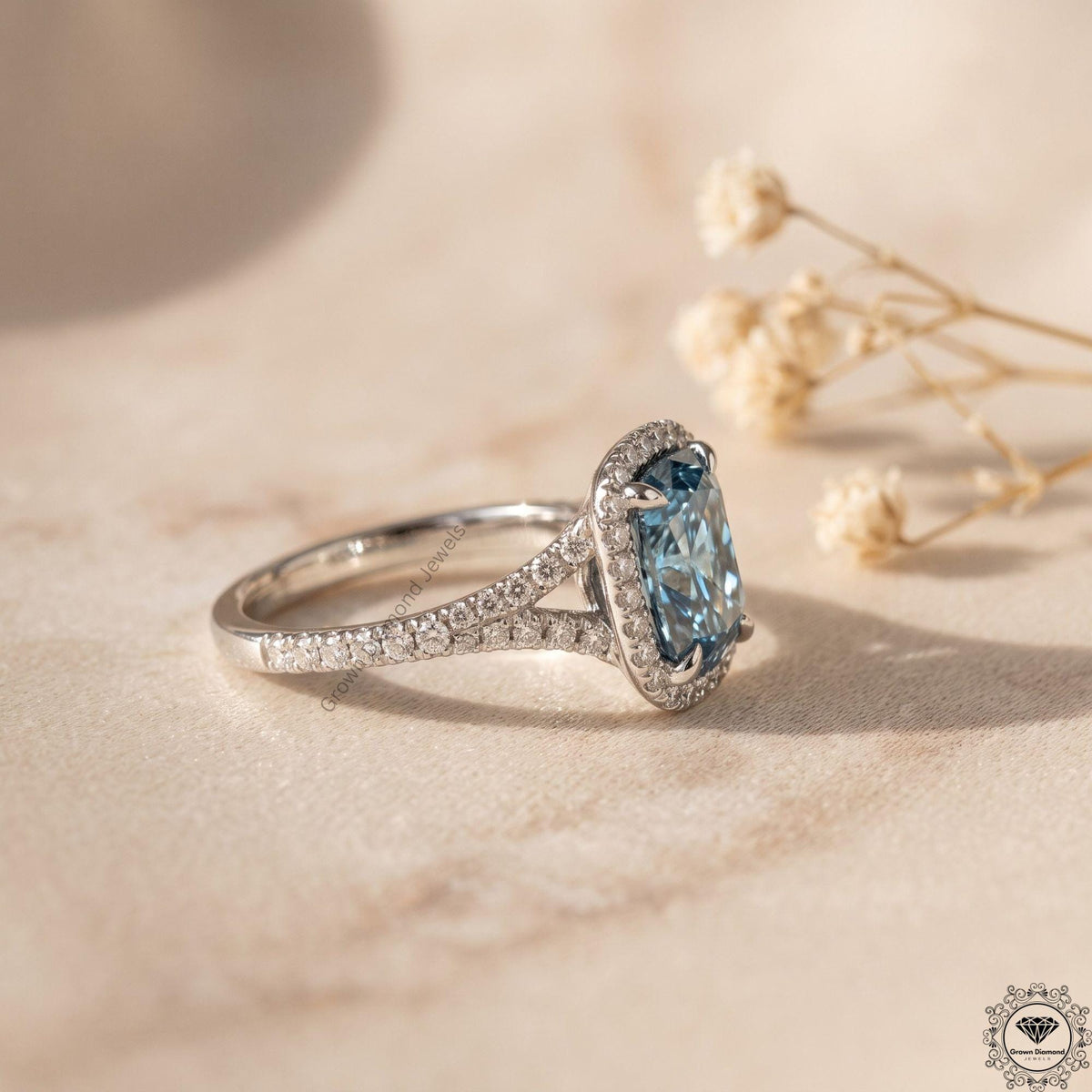 Cushion Cut Fancy Vivid Blue Split Shank Pave Set Halo Ring