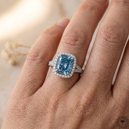 Cushion Cut Fancy Vivid Blue Split Shank Pave Set Halo Ring