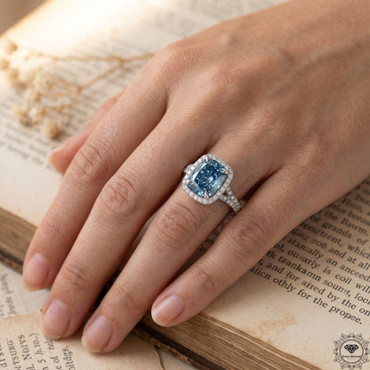 Cushion Cut Fancy Vivid Blue Split Shank Pave Set Halo Ring